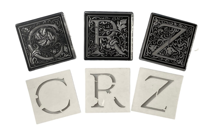 William Morris Inspired Cloister Letter stamp and stencil set plus Arts & Crafts style letter set