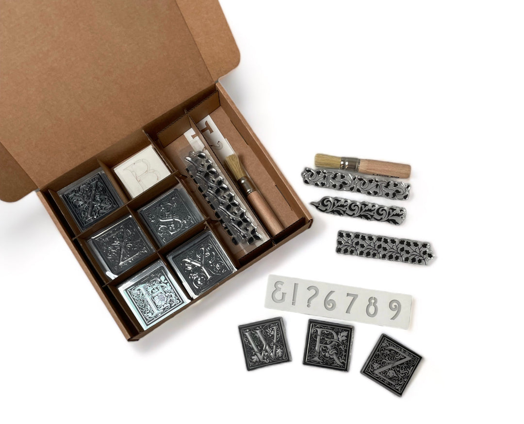 William Morris Inspired Cloister Letter stamp and stencil set plus Arts & Crafts style letter set