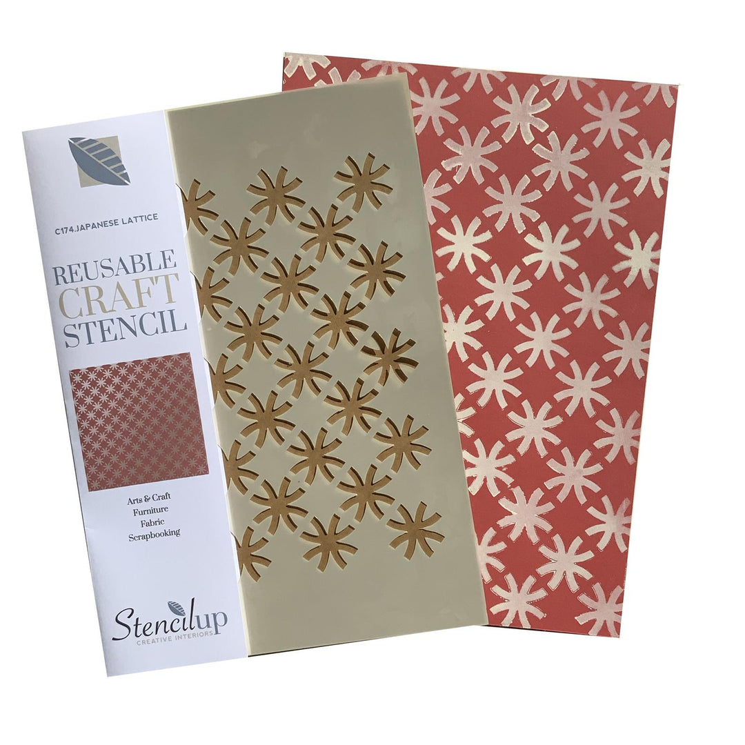 A Japanese lattice pattern stencil, with a repeating floral design, is displayed alongside its packaging which reads 'Reusable Craft Stencil'. The stencil is shown in an open position on a red background, revealing the detailed pattern, and in its packaging which indicates the brand 'Stencillup'.