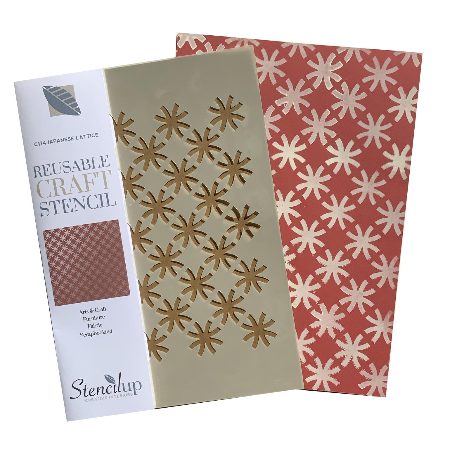 A Japanese lattice pattern stencil, with a repeating floral design, is displayed alongside its packaging which reads 'Reusable Craft Stencil'. The stencil is shown in an open position on a red background, revealing the detailed pattern, and in its packaging which indicates the brand 'Stencillup'.